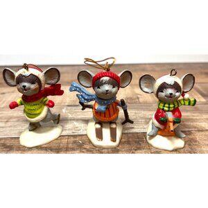 Set Of 3 Vintage Mouse Christmas Ornaments Skiing & Sledding Resin Figurines